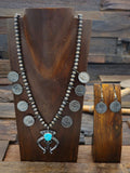 Oxidized Sterling Silver and Blue Turquoise Mercury Dime Squash Blossom Set by Mekeinto Jim - 22 in