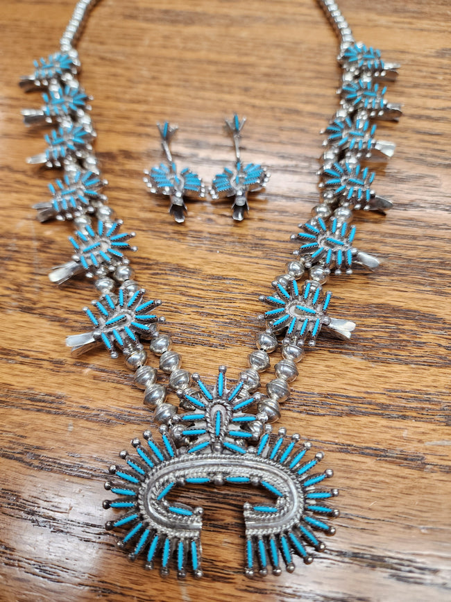 Zuni Needlepoint Turquoise Squash Blossom Necklace