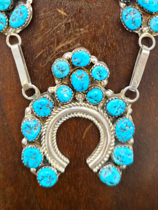 Sterling Silver and Turquoise Squash Blossom Necklace and Earring set by Vangie Tsabetsaye 19 in.