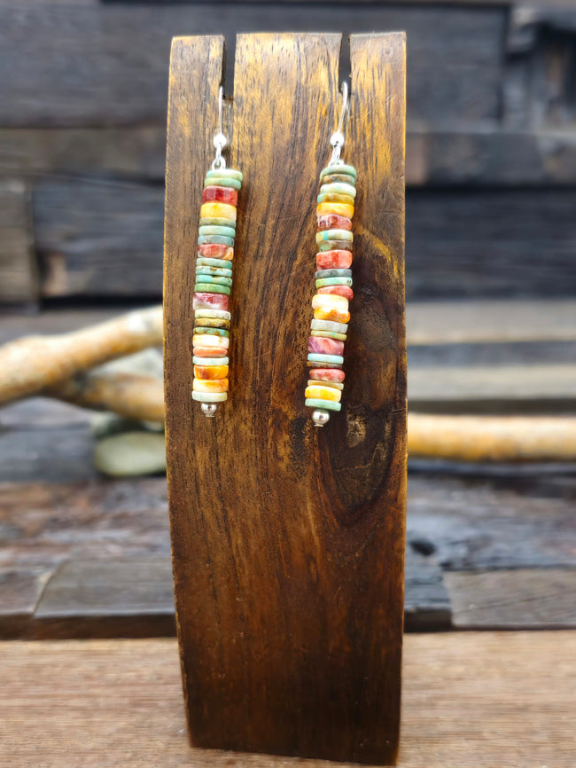 Turquoise and Spiny Oyster Stone Bead Dangle Earrings by Fred Archuleta