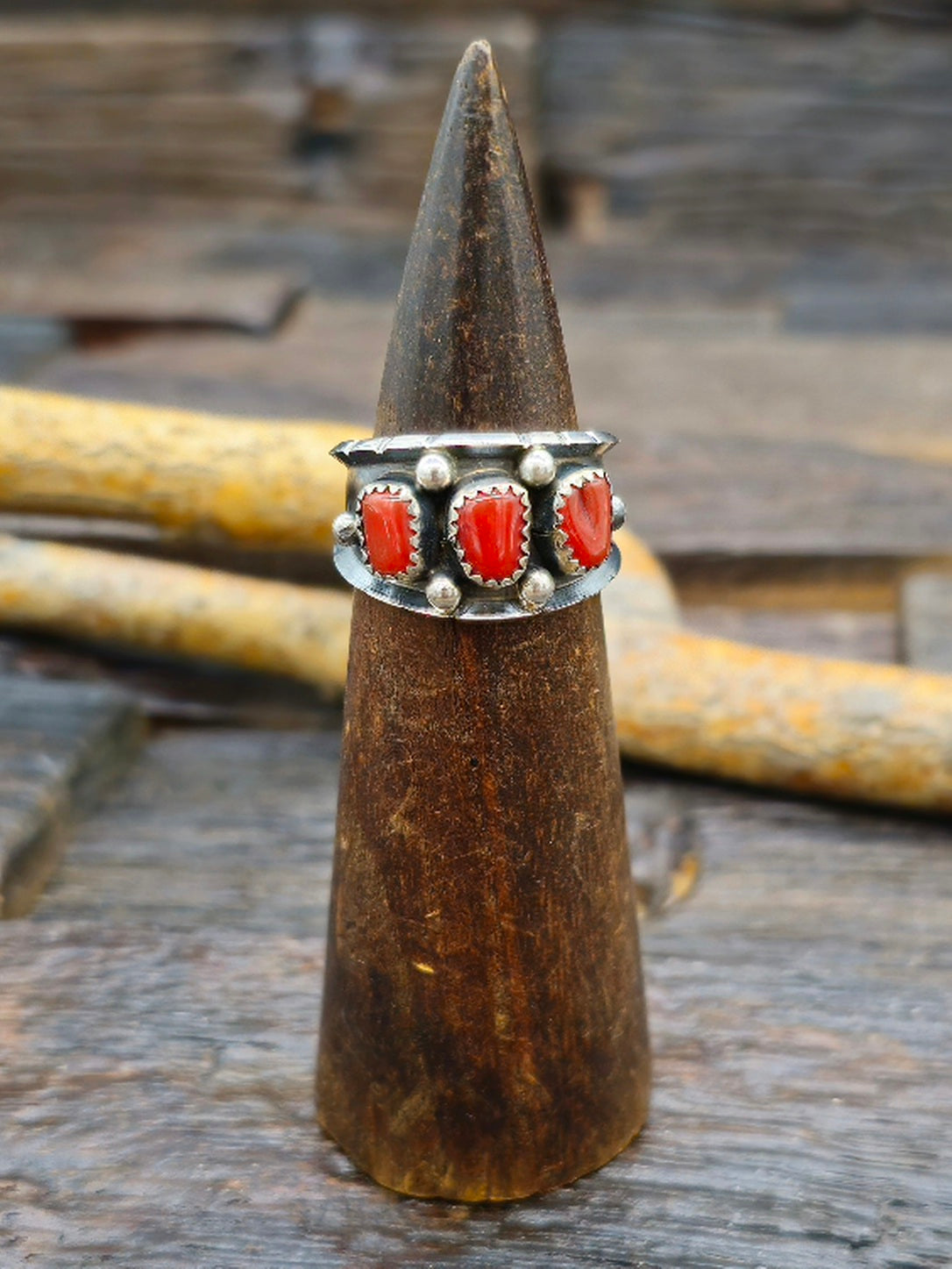 Three-Stone Sterling Silver Coral Ring by Reed Charley Size 10