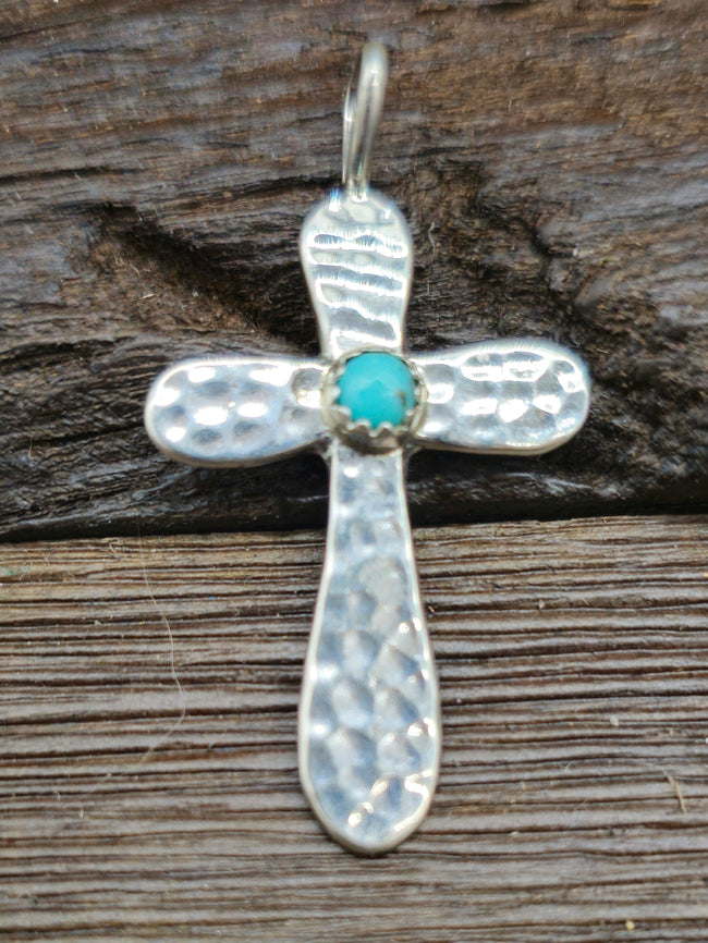 Hammered Sterling Silver and Turquoise Cross Pendant by Pauline Nelson - 1 3/4 by 3/4 in