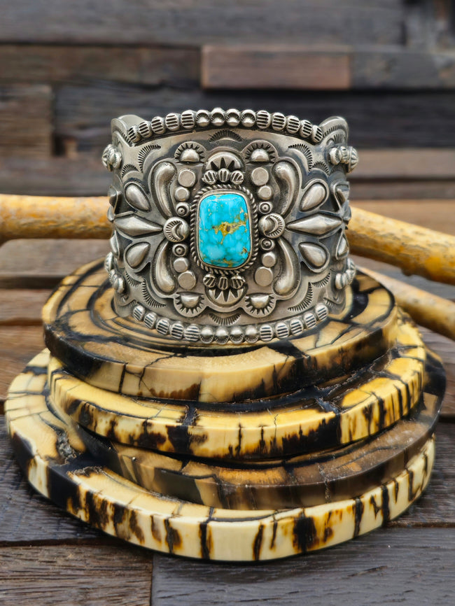 Blue Gem Turquoise and Repousse Sterling Silver Bracelet by Dean Sandoval 7 in