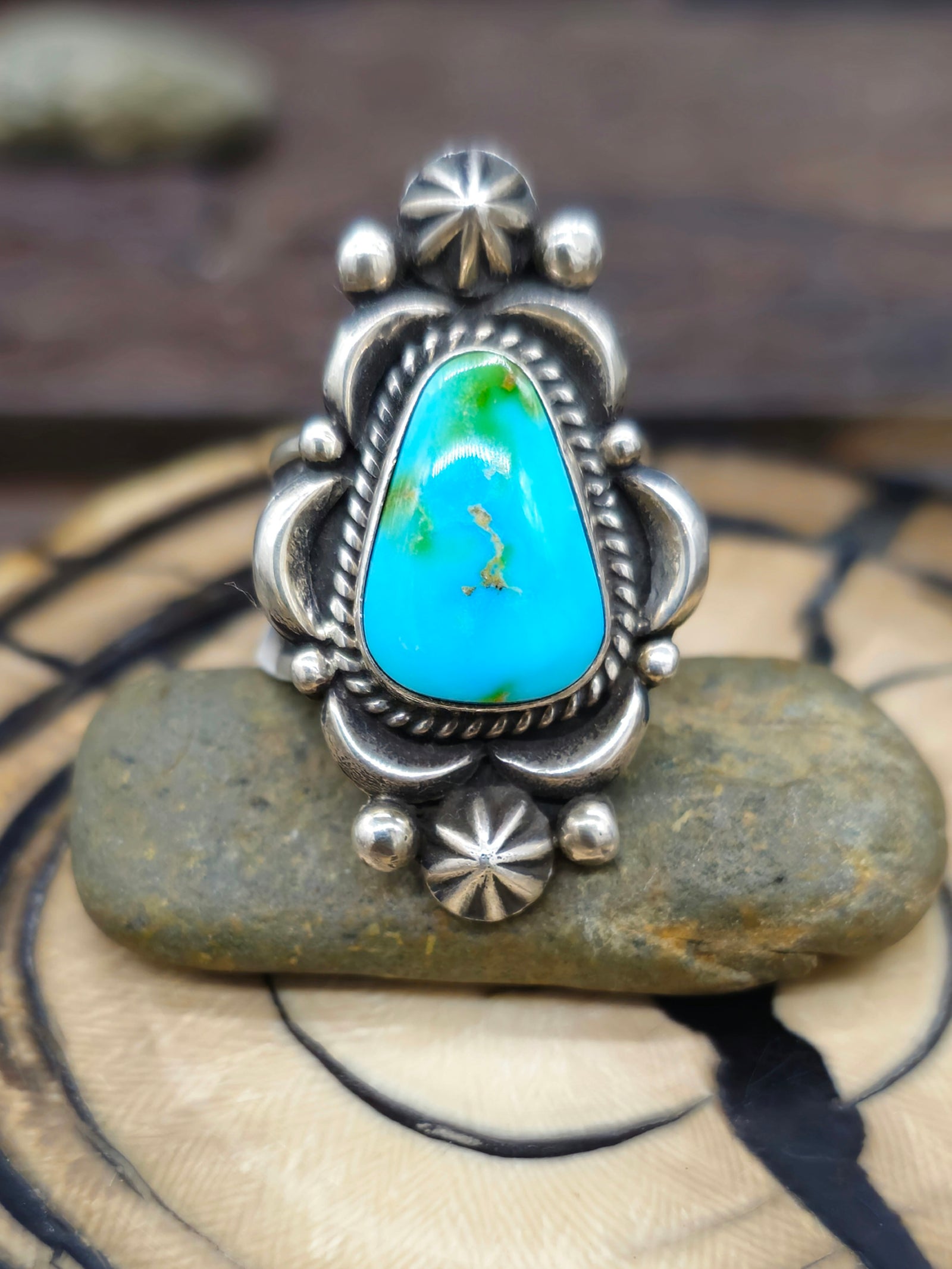 Stamped Sterling Silver and Sonoran Turquoise Ring by Albert Jake - Size 8