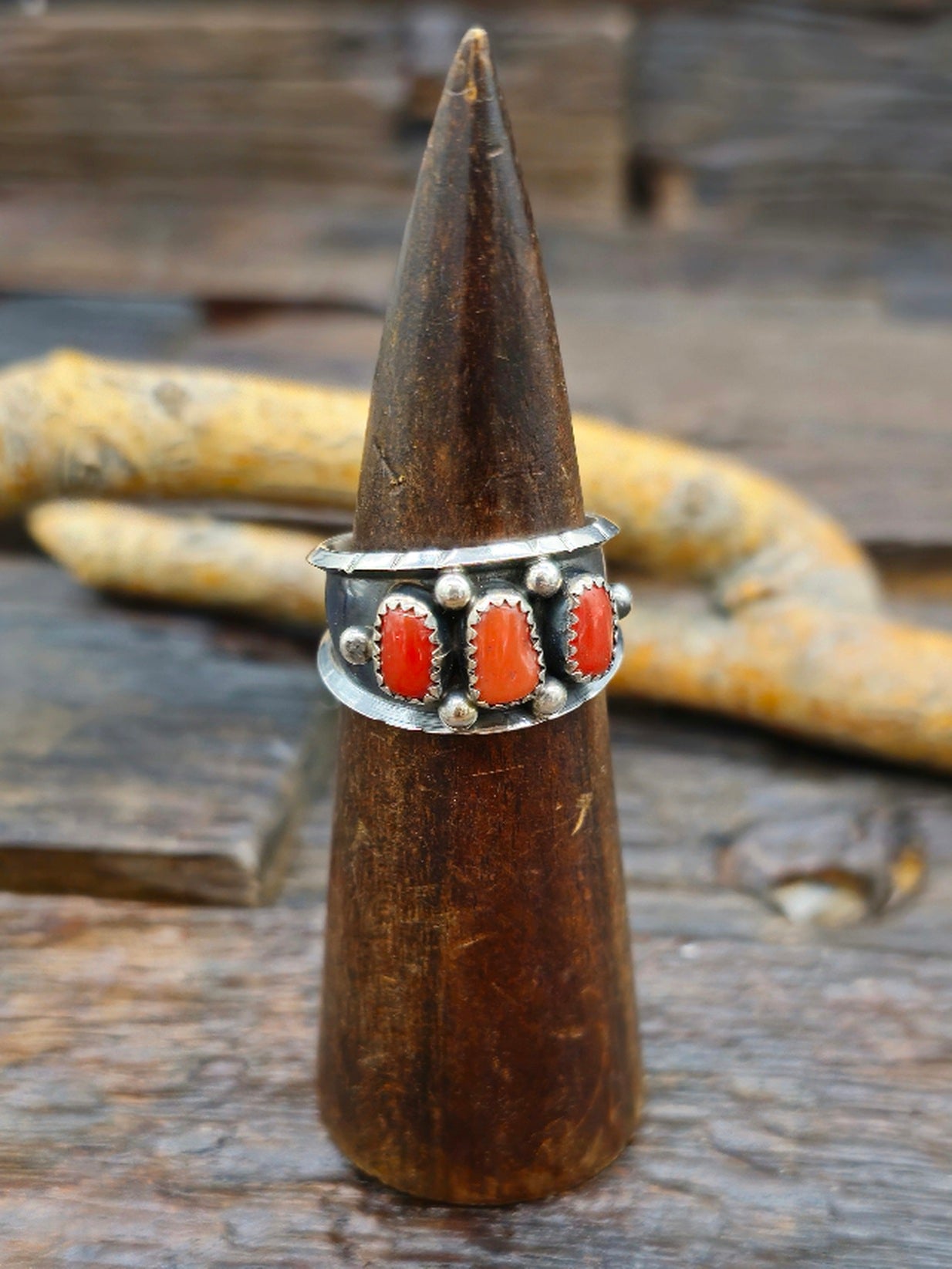 Three-Stone Sterling Silver Coral Ring by Reed Charley Size 12