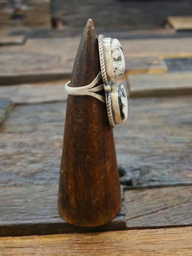 Two-Stone Sterling Silver White Buffalo Ring by L. Ganado Size 8