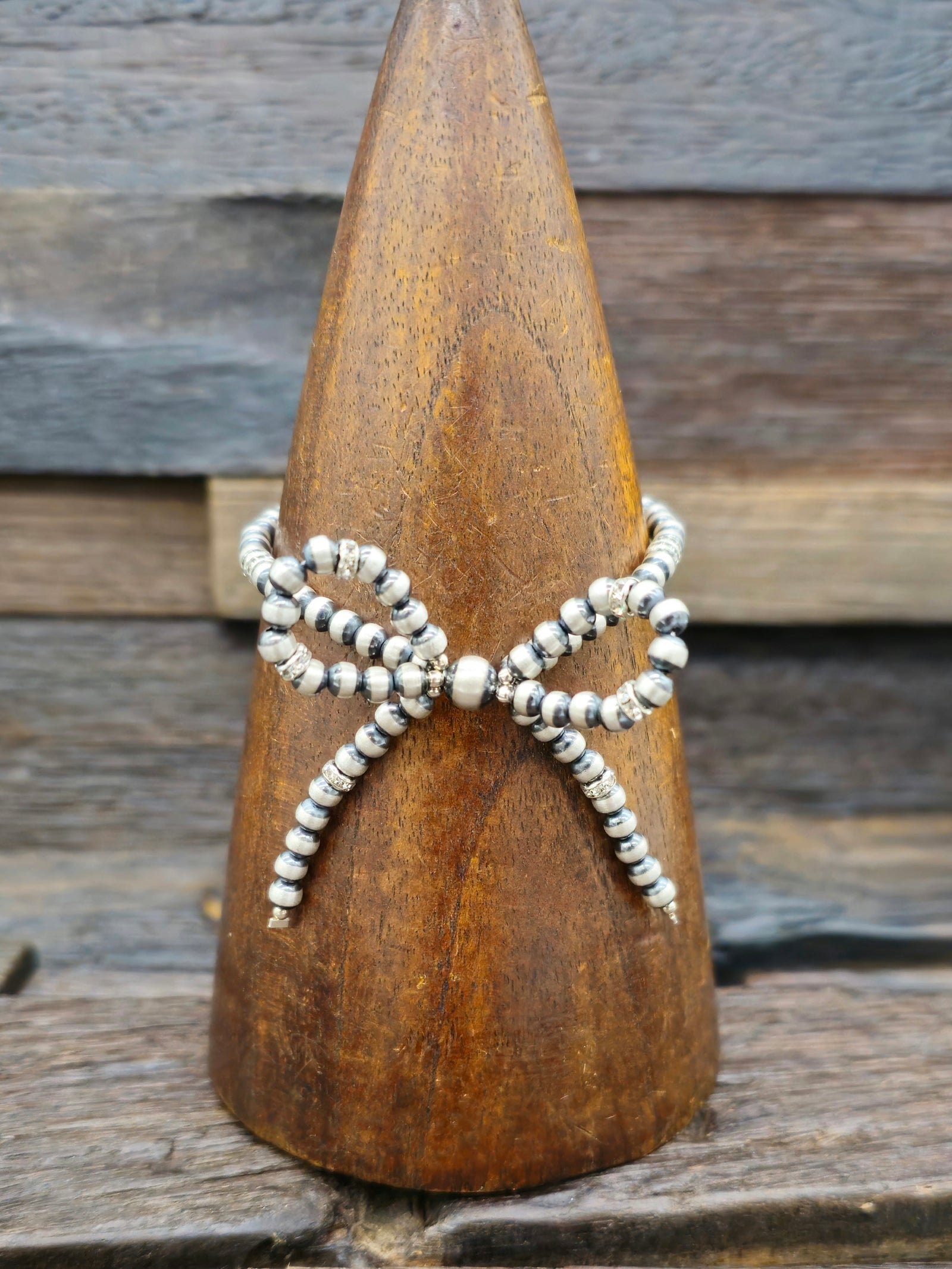 Oxidized Sterling Silver Large Bead Bow Bracelet with Cubic Zirconium 6 in.