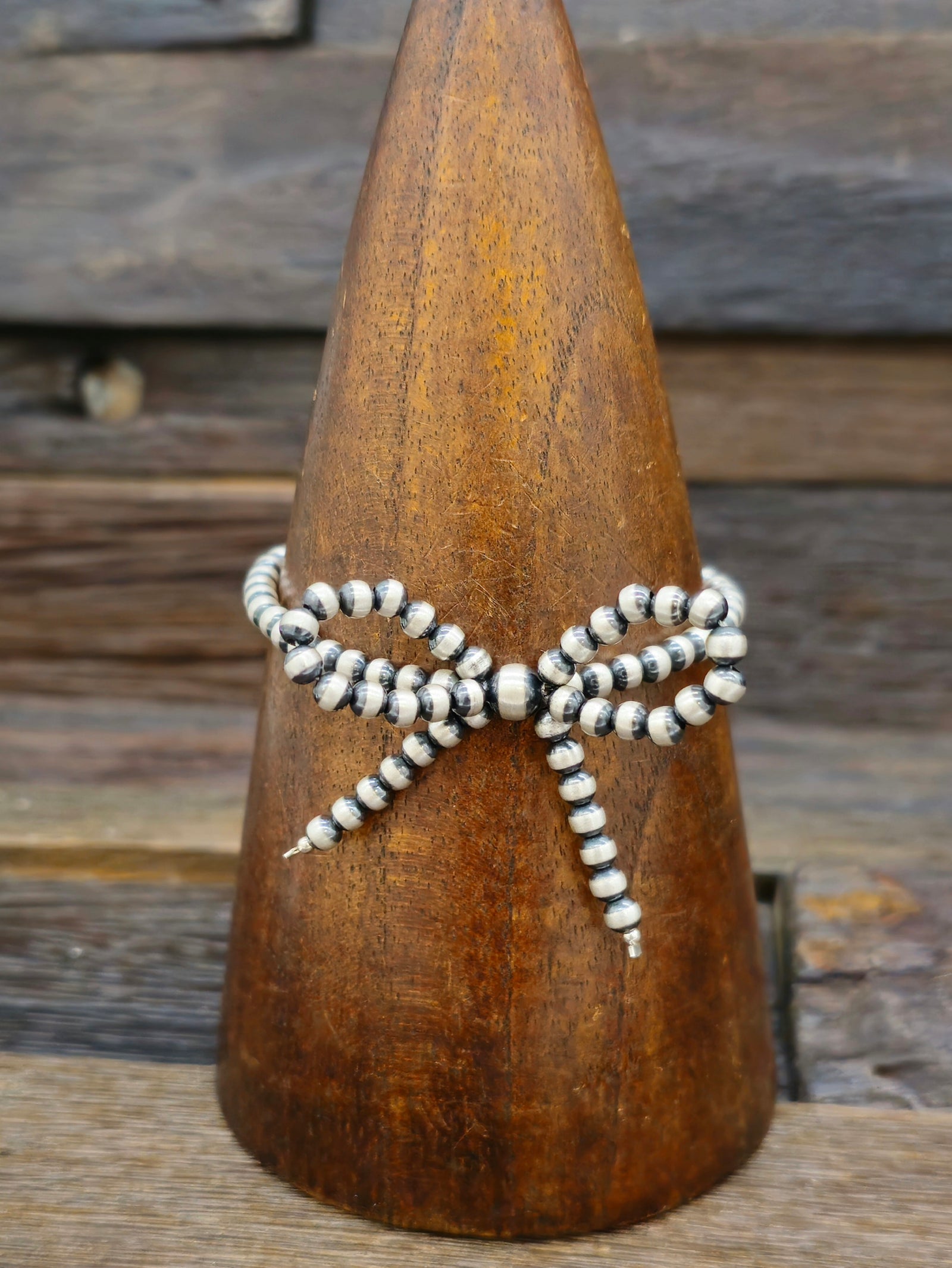 Oxidized Sterling Silver Bead Stretch Bow Bracelet 6 in.