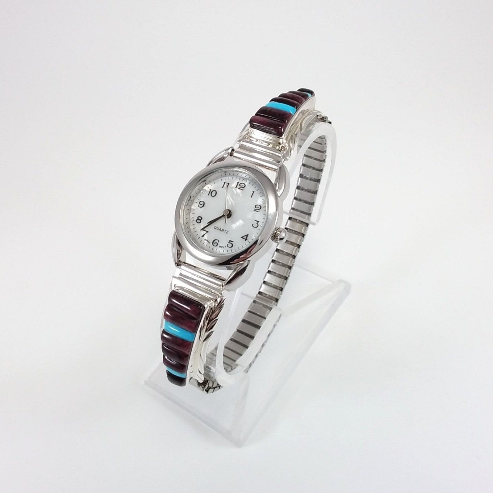 Navajo spiny oyster and turquoise sterling silver watch band.