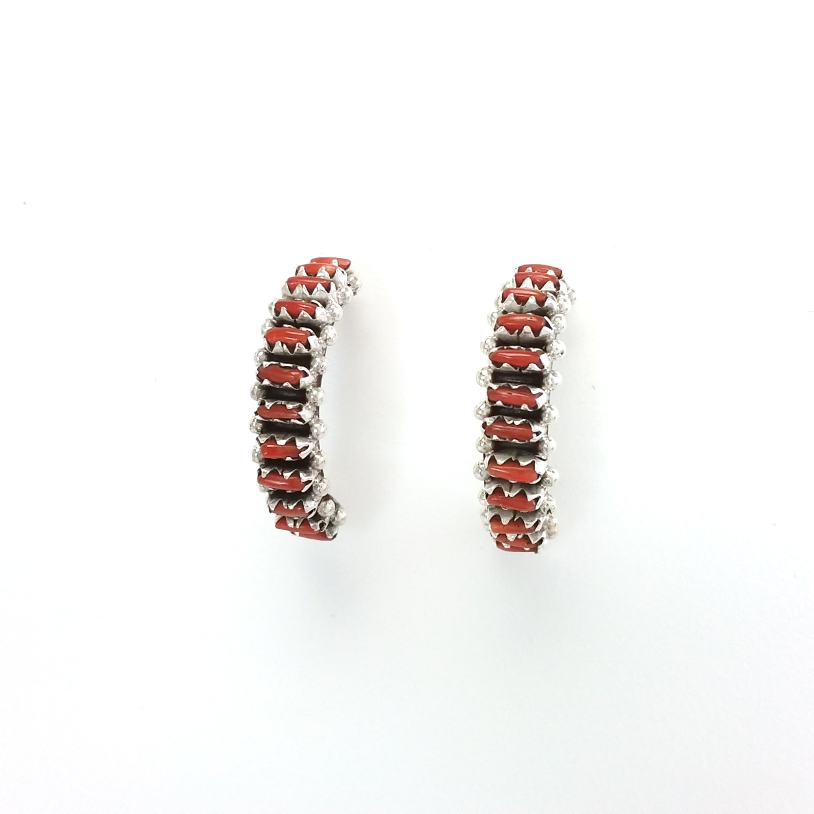 Zuni coral sterling silver needlepoint hoop earrings.