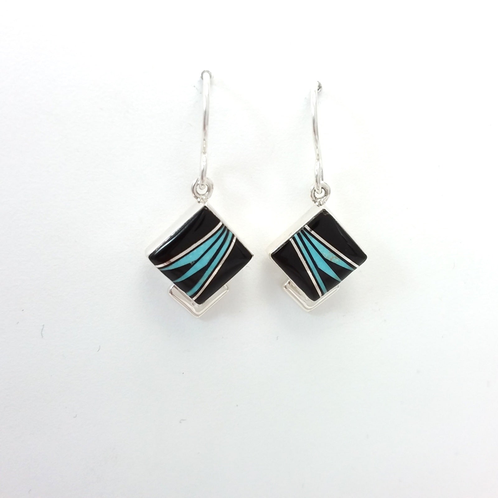 Navajo Elsie Armstrong turquoise and onyx sterling silver inlay earrings.