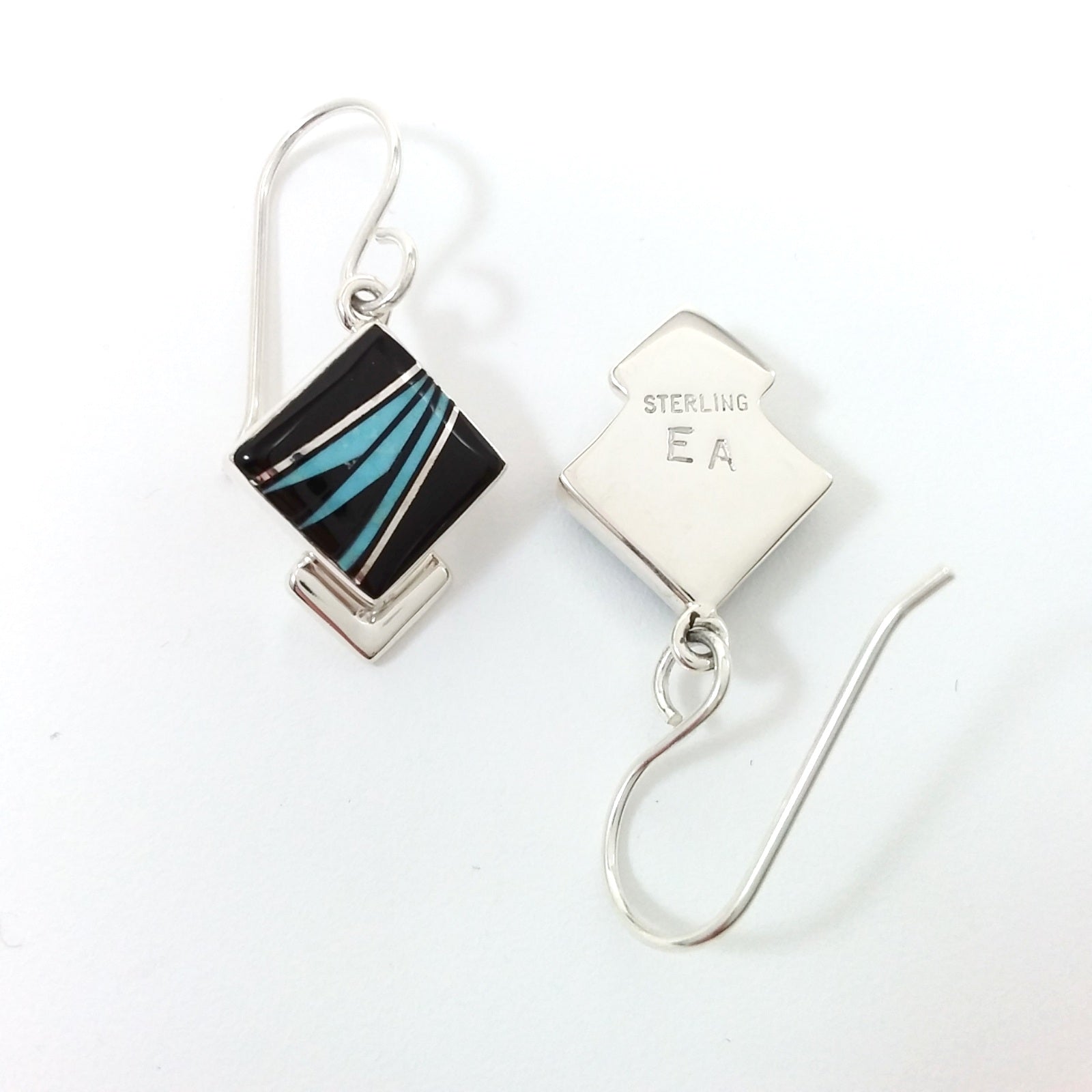 Navajo Elsie Armstrong turquoise and onyx sterling silver inlay earrings.