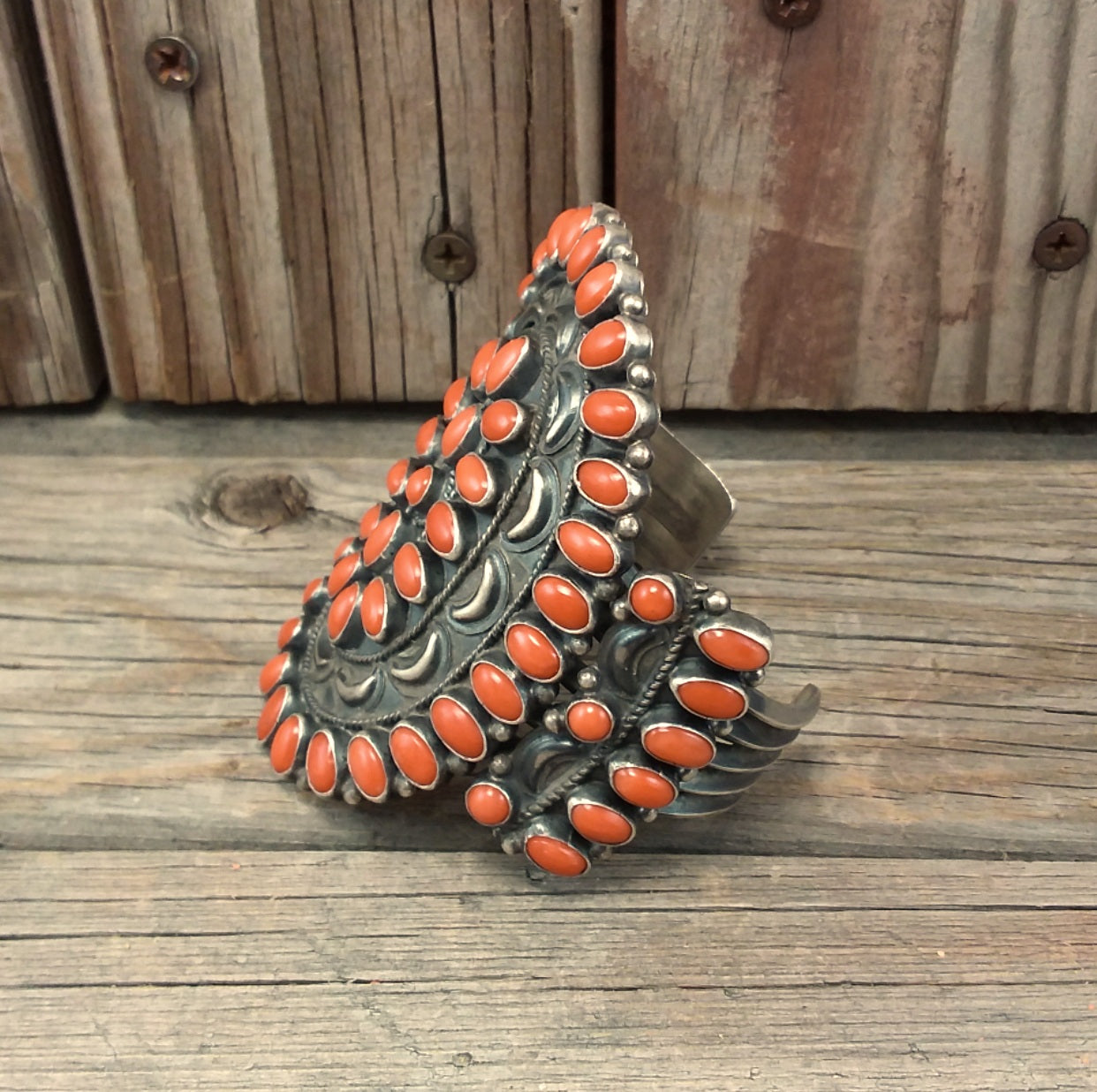 Anthony Skeets Navajo coral sterling silver bracelet.