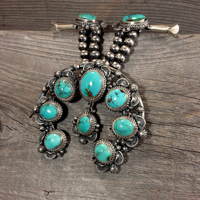 Thomas Francisco turquoise sterling silver squash blossom necklace and earring set, Navajo, Native American Handcrafted, Jewelry Set, Native American Jewelry Set