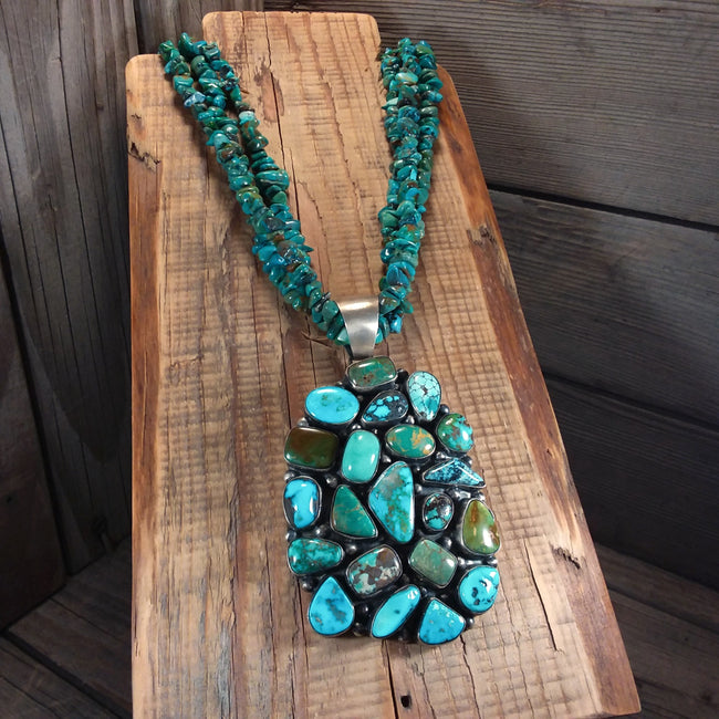 Turquoise Beaded Necklace With Turquoise Cluster Pendant, Native American, Sterling Silver, Raymond Beard, Hallmark BRD