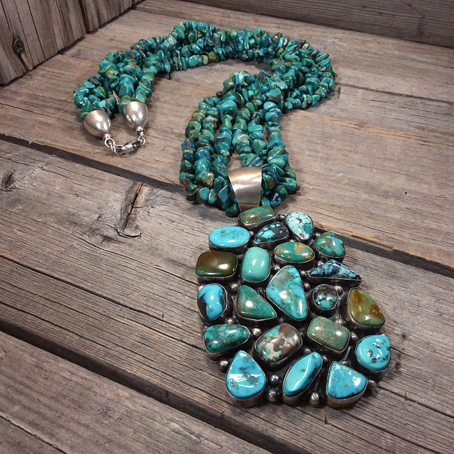 Turquoise Beaded Necklace With Turquoise Cluster Pendant, Native American, Sterling Silver, Raymond Beard, Hallmark BRD