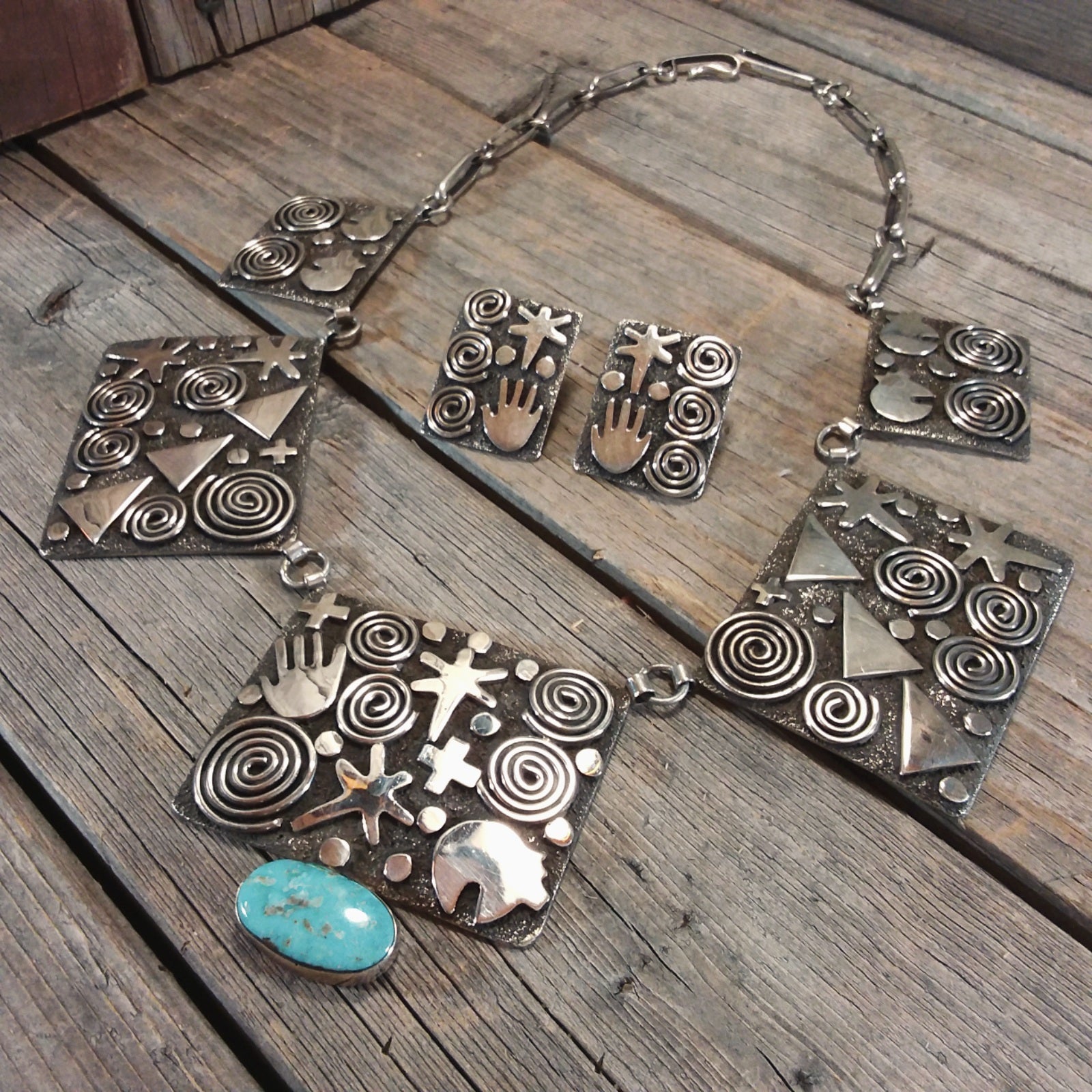 Silver/Turquoise Necklace and Earring Set By Alex Sanchez