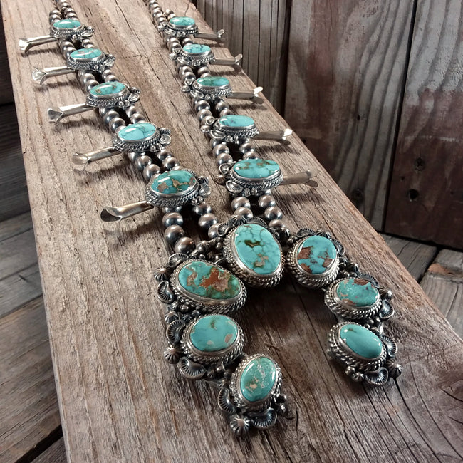 Thomas Francisco turquoise sterling silver squash blossom necklace and earring set Native American Handcrafted Jewelry