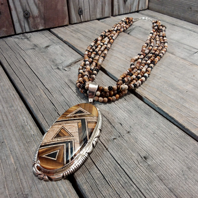 Thomas Francisco Tigers eye and jasper inlay and beads sterling silver necklace, Navajo, Navajo beaded jewelry, Inlaid, Inlaid pendant.