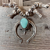 Cris Hale Navajo turquoise sterling silver squash blossom necklace, sand case, C. Hale 