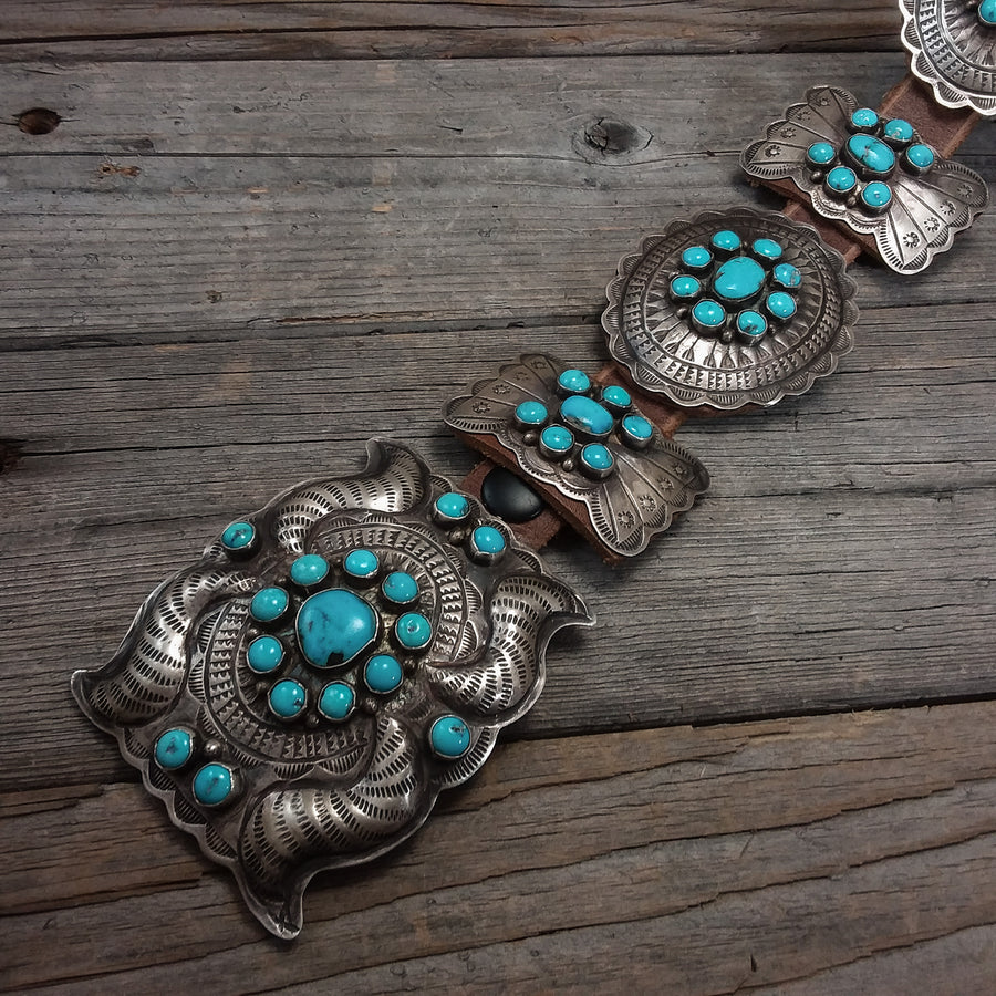 Genuine Turquoise Concho Belt Santa Fe Silver 1249