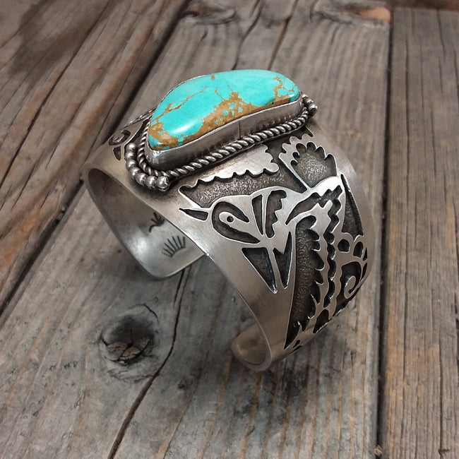 Turquoise Bracelet With Hummingbird Silverwork by Aliaha Barney