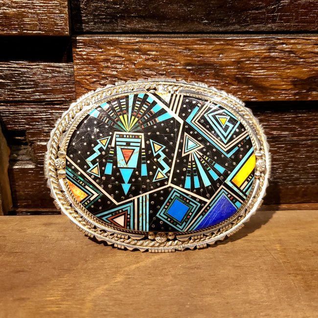 Artist Ray Jack | Sterling Silver & Inlay Multi Stone and Shell Buckle | Native American Indian