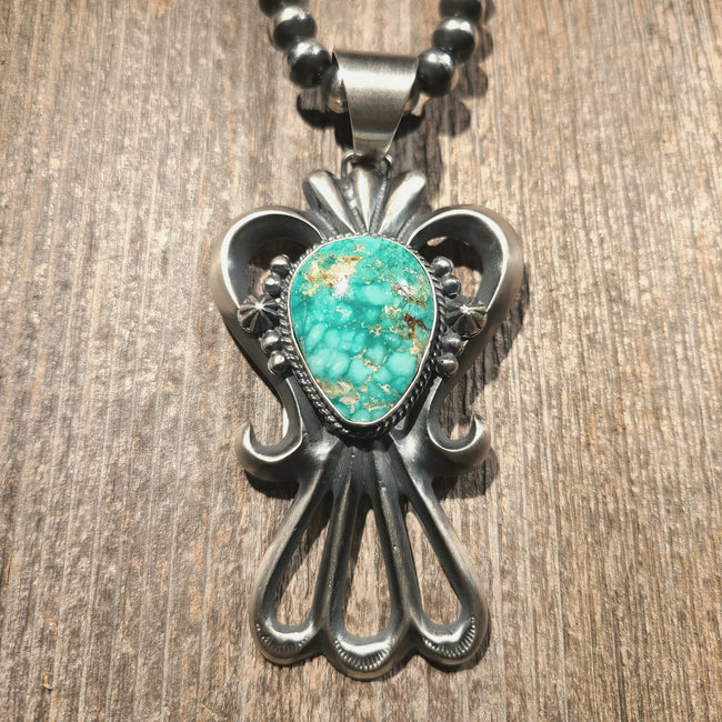 Turquoise & Sterling Silver Sandcast Pendant | Artist Harrison Bitsue | Native American Indian