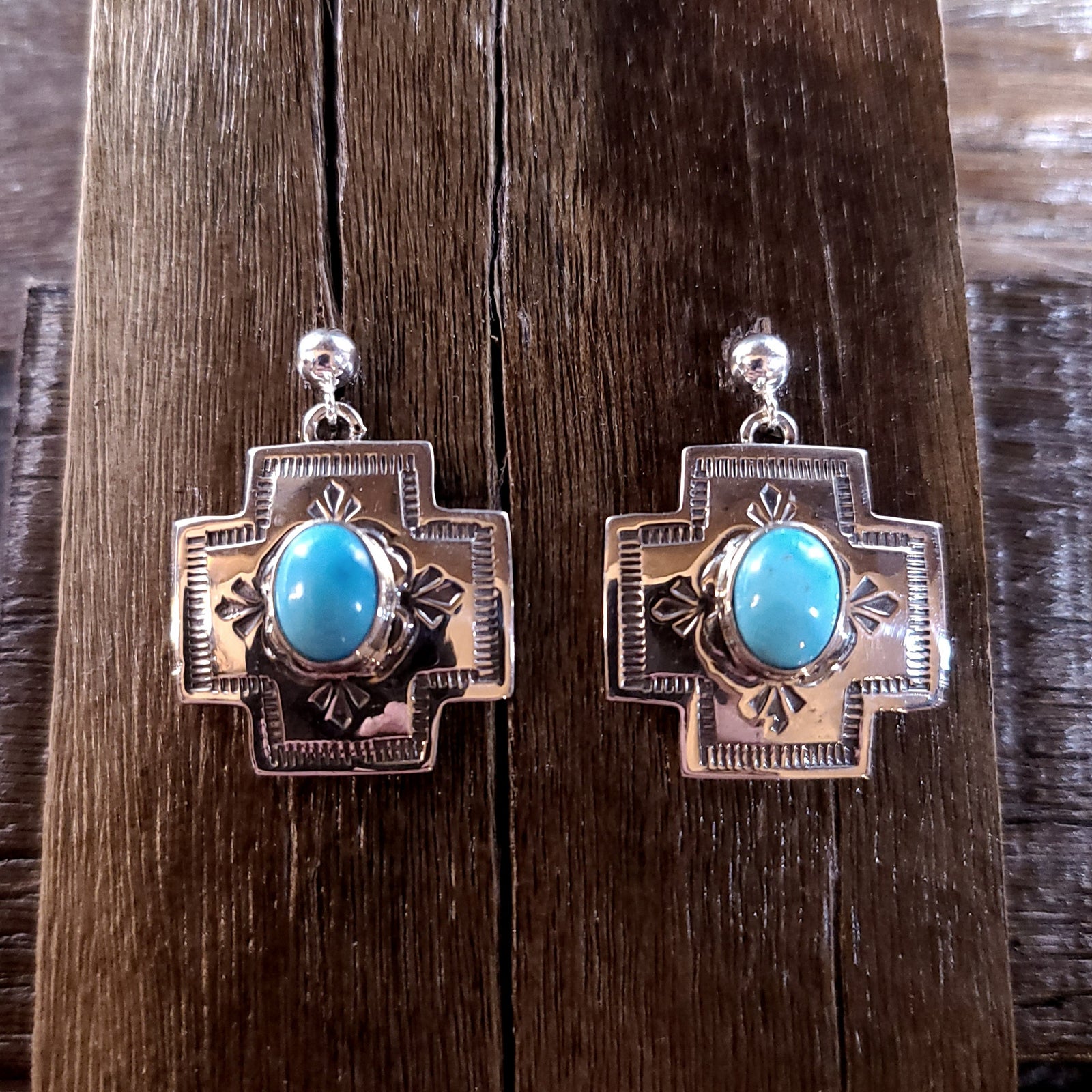 Turquoise | Sterling Silver - Navajo | Native American Indian - Cross Earrings