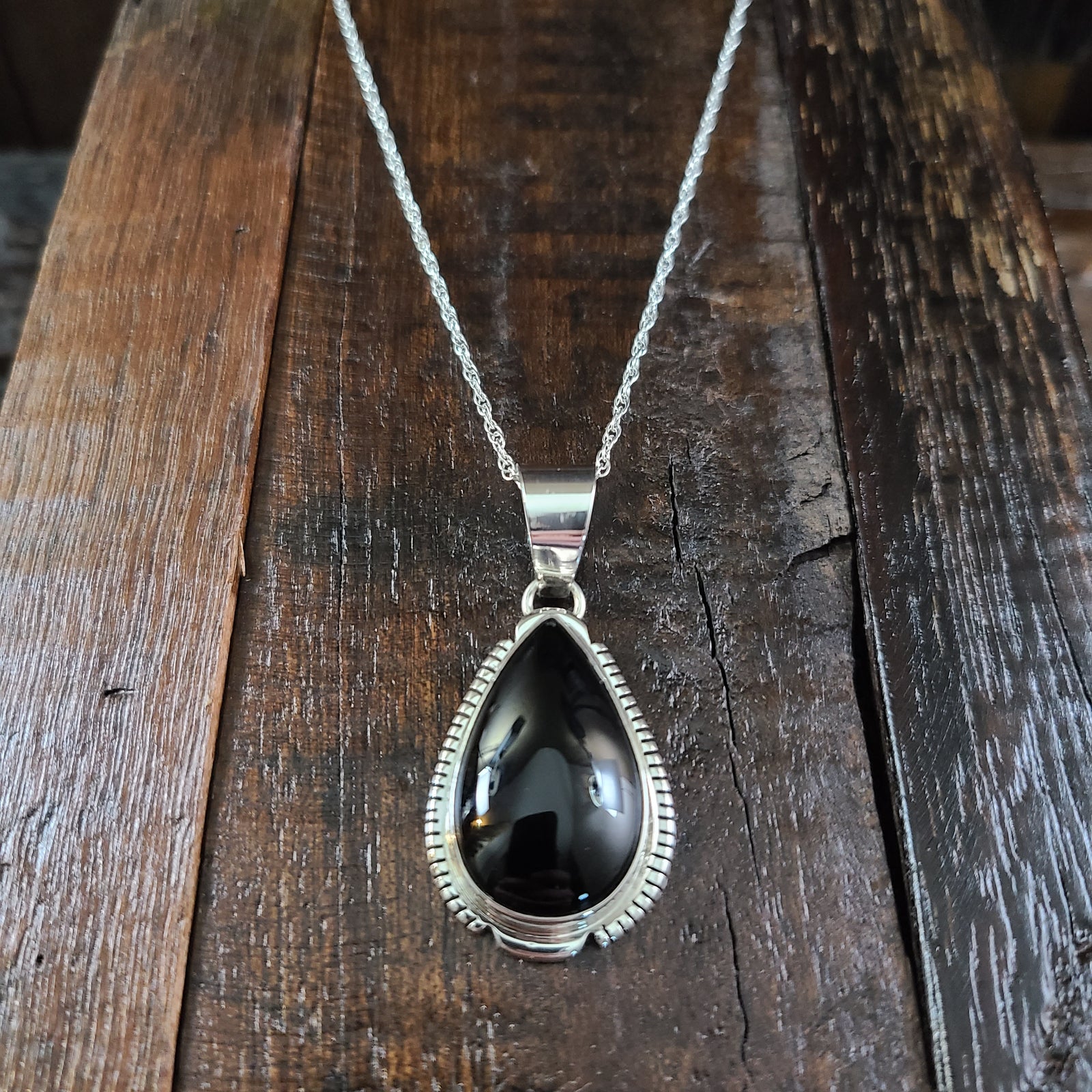 Black Onyx | Sterling Silver | Pendant - Native American Indian | Navajo - Larry Yazzie