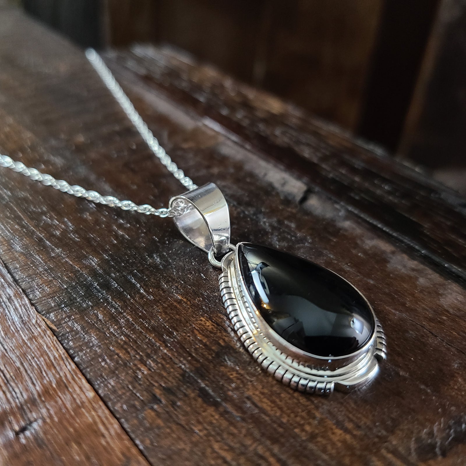 Black Onyx | Sterling Silver | Pendant - Native American Indian | Navajo - Larry Yazzie