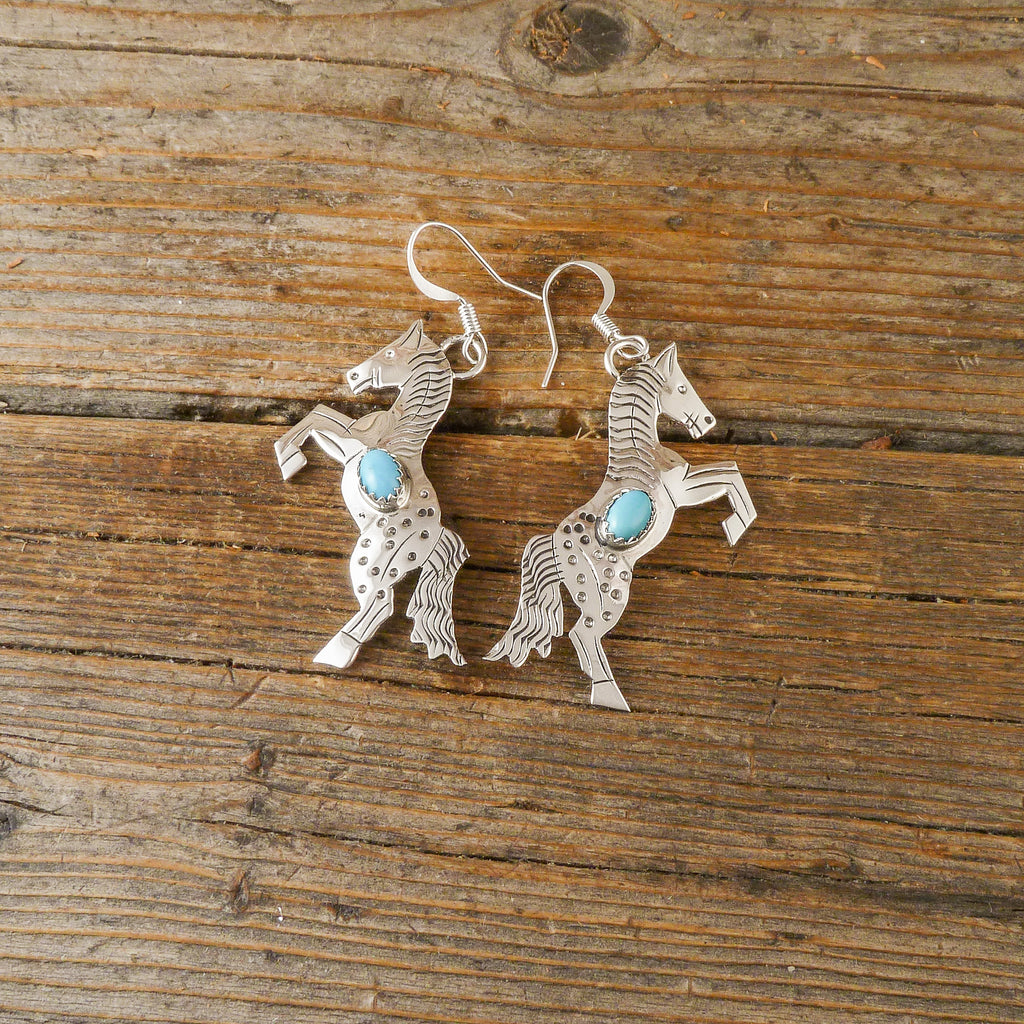 Louise Yazzie Sterling Silver and Coral Horse Dangle Earrings
